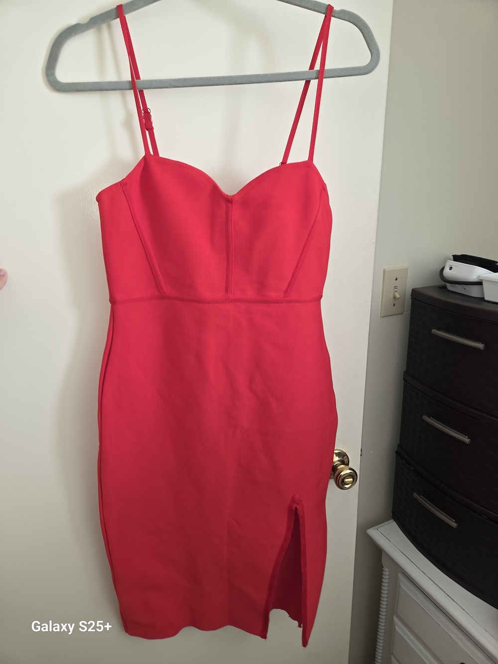 Say What? Red Spaghetti-Strap Midi Dress with Front Slit